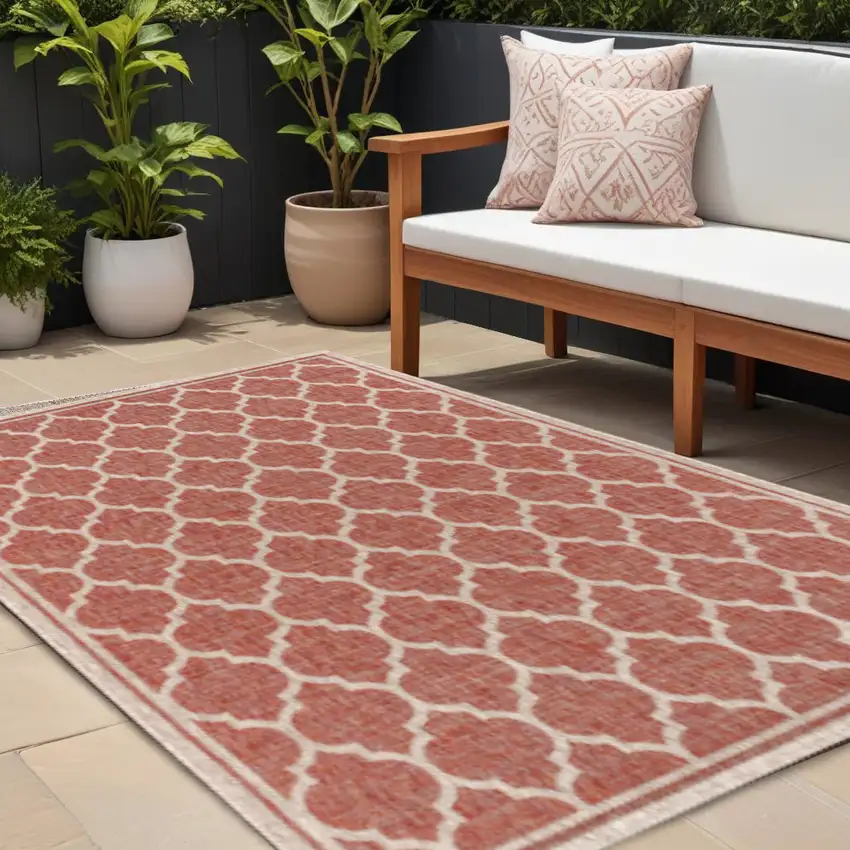 Red And Beige Geometric Indoor Outdoor Area Rug Photo 1