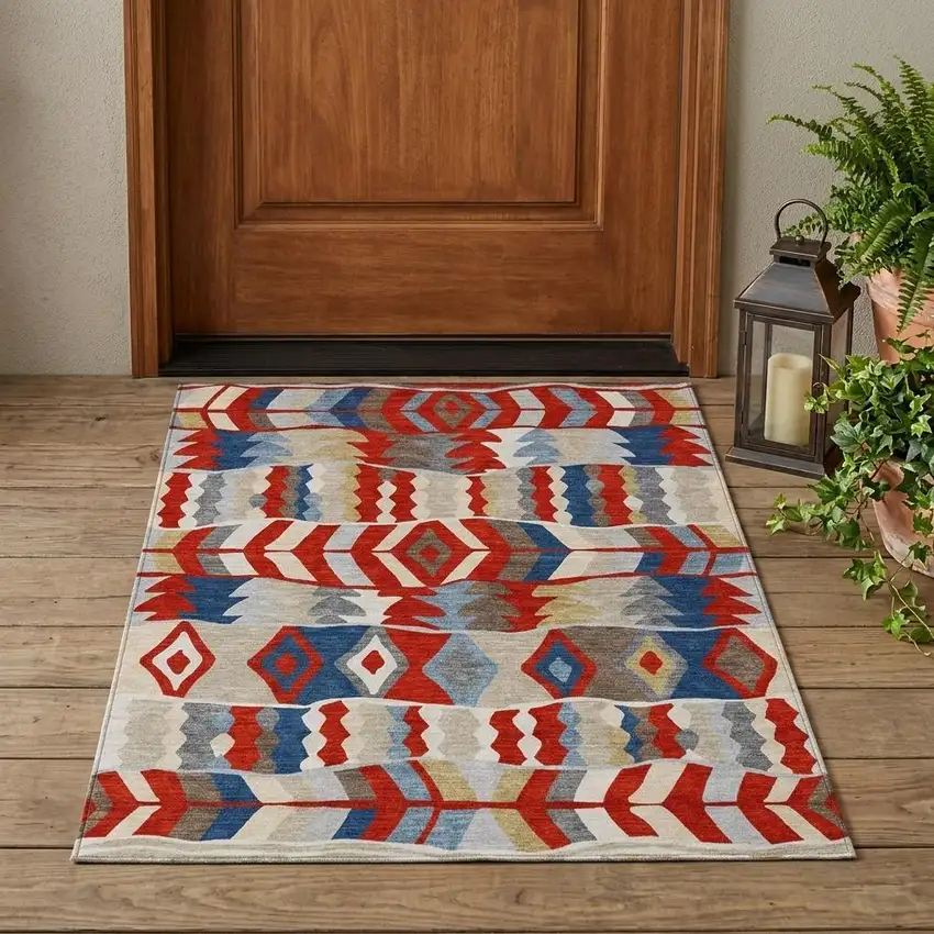 Red And Beige Geometric Washable Indoor Outdoor Area Rug Photo 1