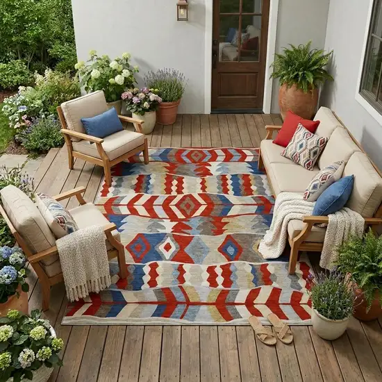 Red And Beige Geometric Washable Indoor Outdoor Area Rug Photo 1
