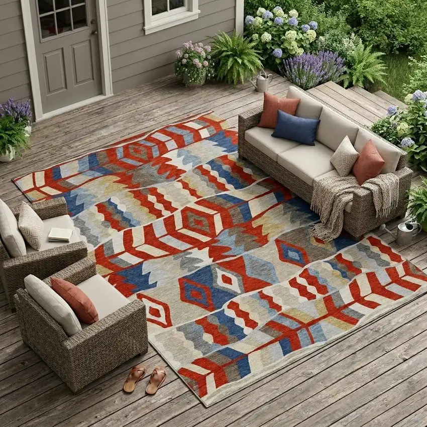 Red And Beige Geometric Washable Indoor Outdoor Area Rug Photo 1