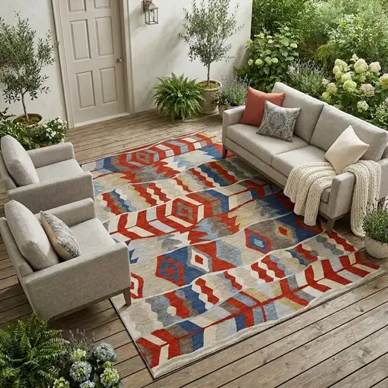 Red And Beige Geometric Washable Indoor Outdoor Area Rug Photo 1