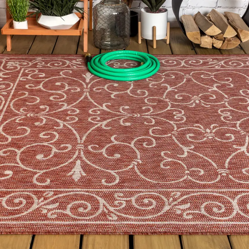Red And Beige Medallion Indoor Outdoor Area Rug Photo 7