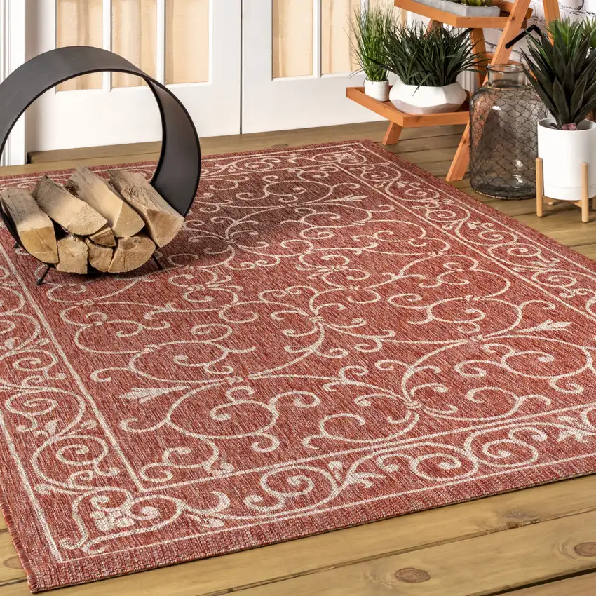 Red And Beige Medallion Indoor Outdoor Area Rug Photo 5