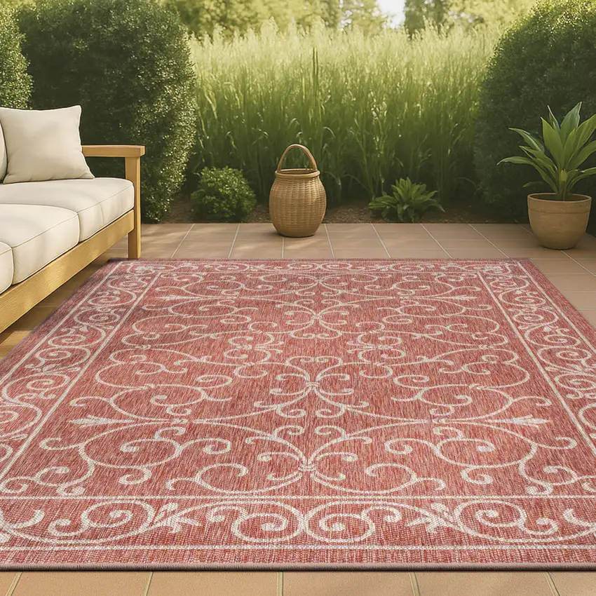 Red And Beige Medallion Indoor Outdoor Area Rug Photo 4