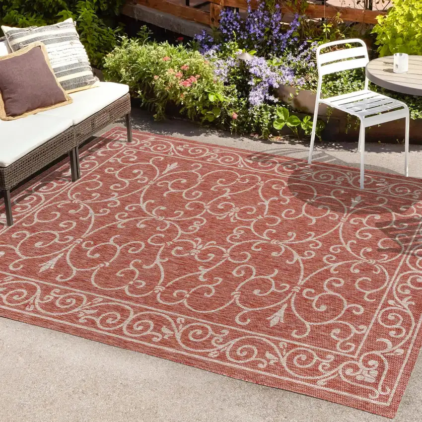 Red And Beige Medallion Indoor Outdoor Area Rug Photo 9