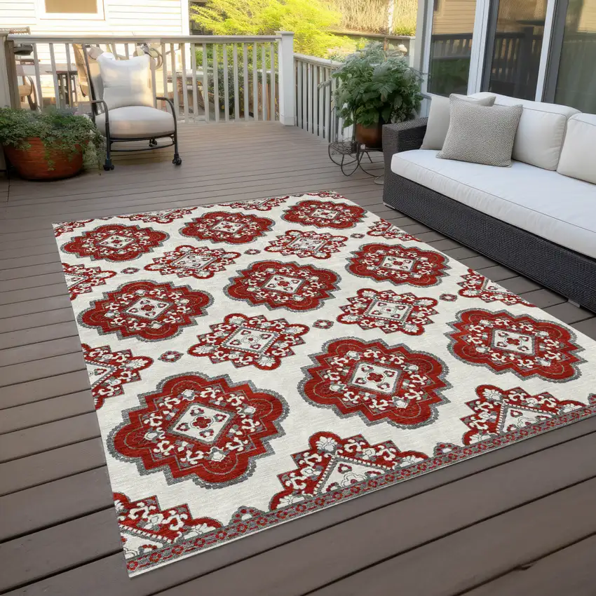 Red And Beige Medallion Washable Indoor Outdoor Area Rug Photo 9