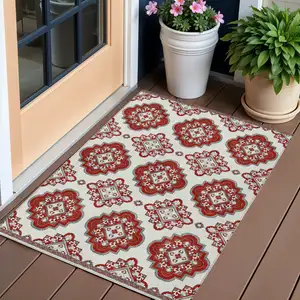 Photo of Red And Beige Medallion Washable Indoor Outdoor Area Rug