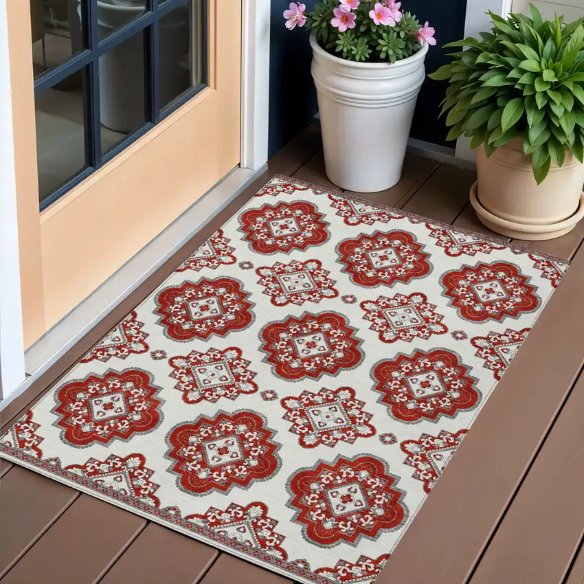 Red And Beige Medallion Washable Indoor Outdoor Area Rug Photo 1