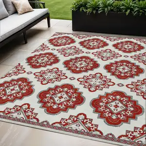 Photo of Red And Beige Medallion Washable Indoor Outdoor Area Rug