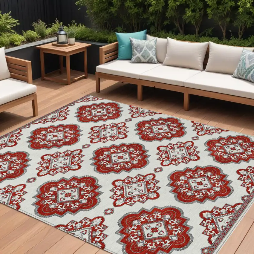Red And Beige Medallion Washable Indoor Outdoor Area Rug Photo 1