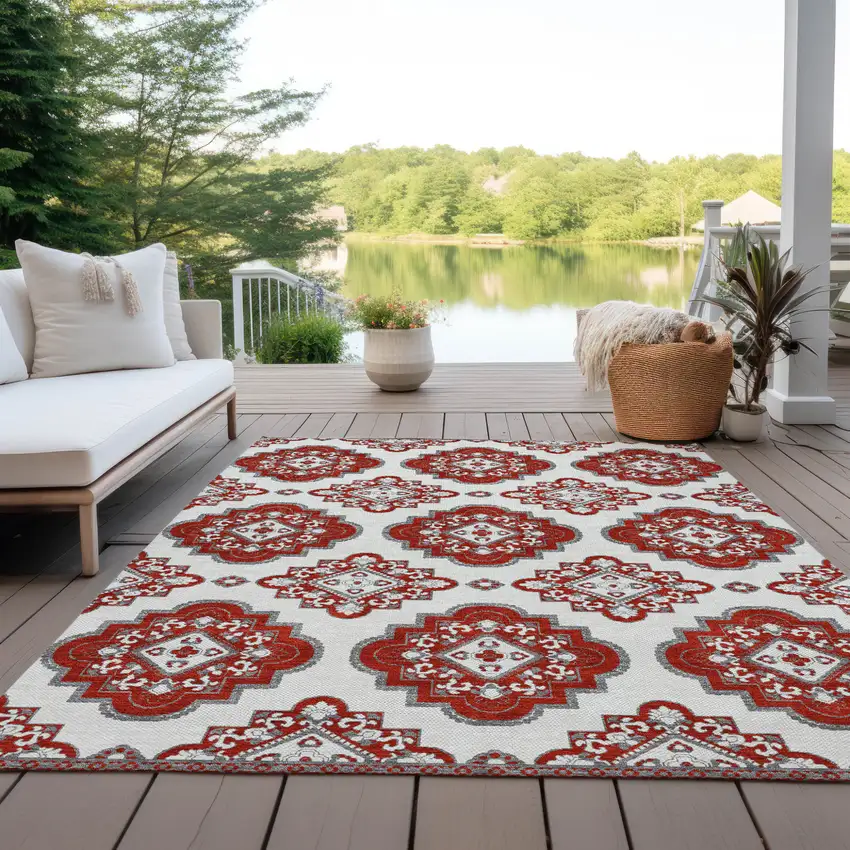 Red And Beige Medallion Washable Indoor Outdoor Area Rug Photo 8
