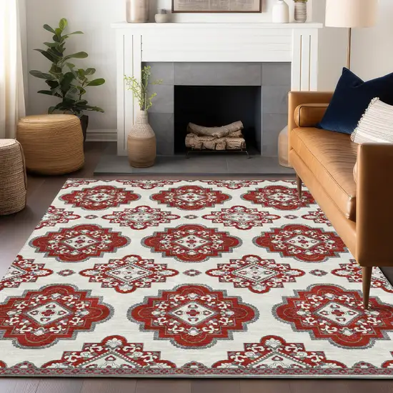 Red And Beige Medallion Washable Indoor Outdoor Area Rug Photo 9