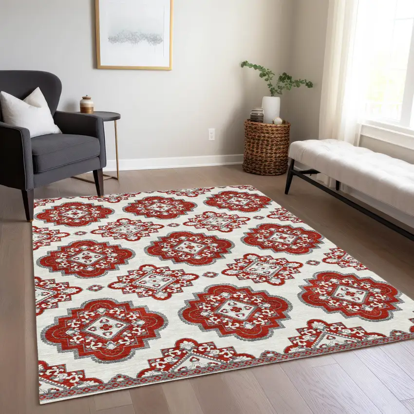 Red And Beige Medallion Washable Indoor Outdoor Area Rug Photo 9