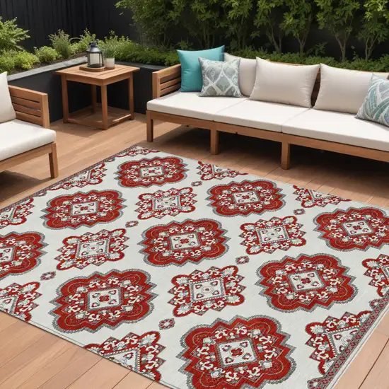 Red And Beige Medallion Washable Indoor Outdoor Area Rug Photo 1