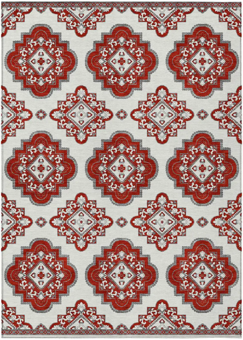 Red And Beige Medallion Washable Indoor Outdoor Area Rug Photo 2