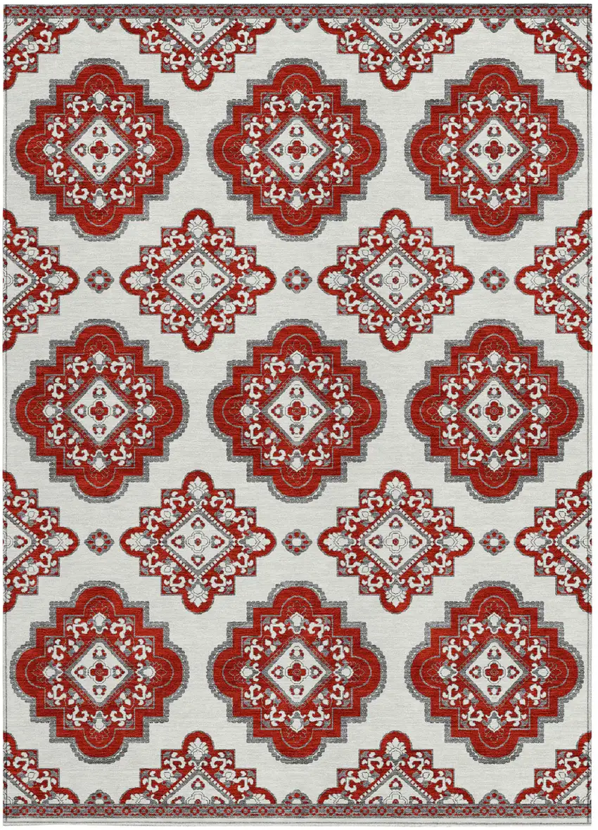Red And Beige Medallion Washable Indoor Outdoor Area Rug Photo 7