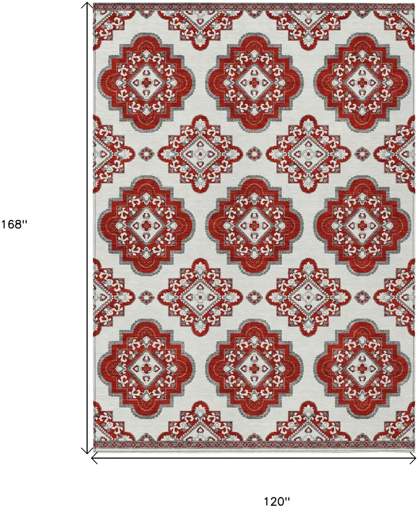 Red And Beige Medallion Washable Indoor Outdoor Area Rug Photo 3