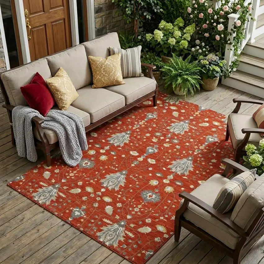Red And Beige Oriental Washable Indoor Outdoor Area Rug Photo 1