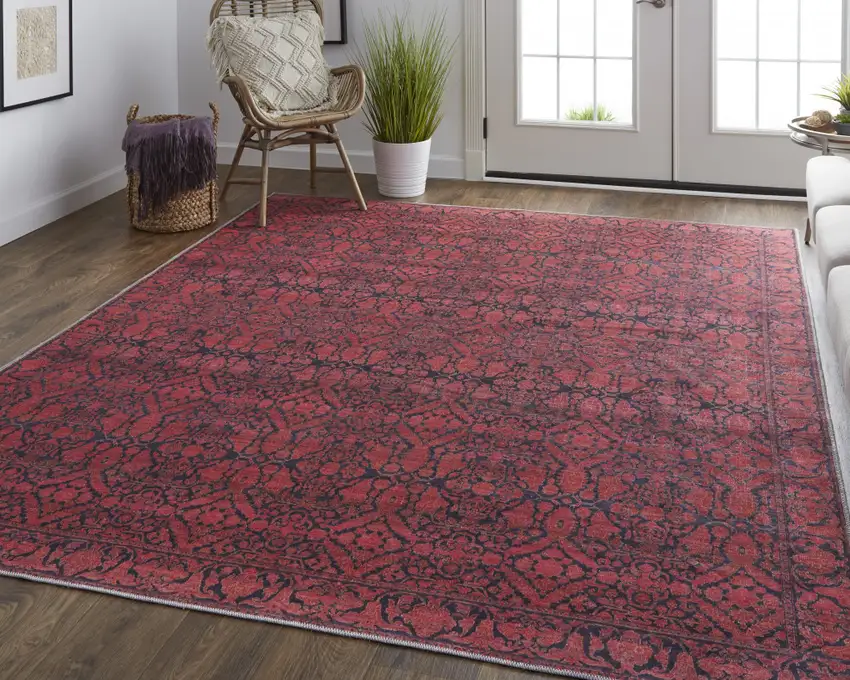 Red And Black Floral Power Loom Area Rug Photo 7