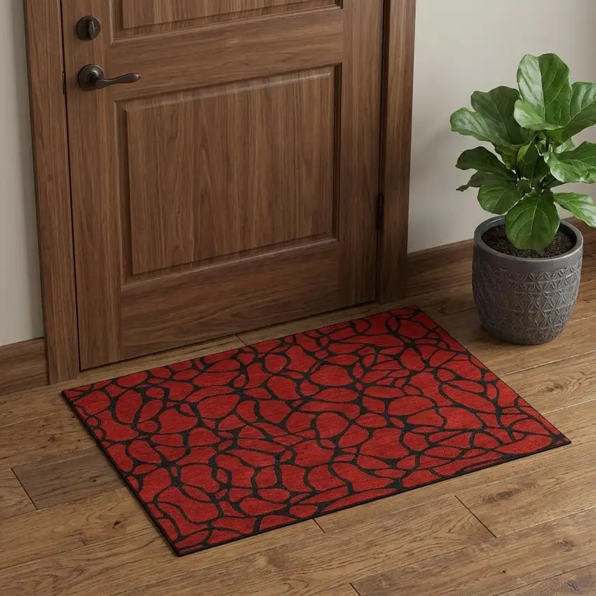 Red And Black Geometric Washable Area Rug With UV Protection Photo 1