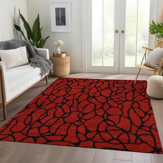 Red And Black Geometric Washable Area Rug With UV Protection Photo 5