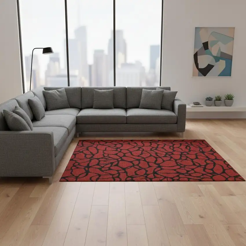 Red And Black Geometric Washable Area Rug With UV Protection Photo 2