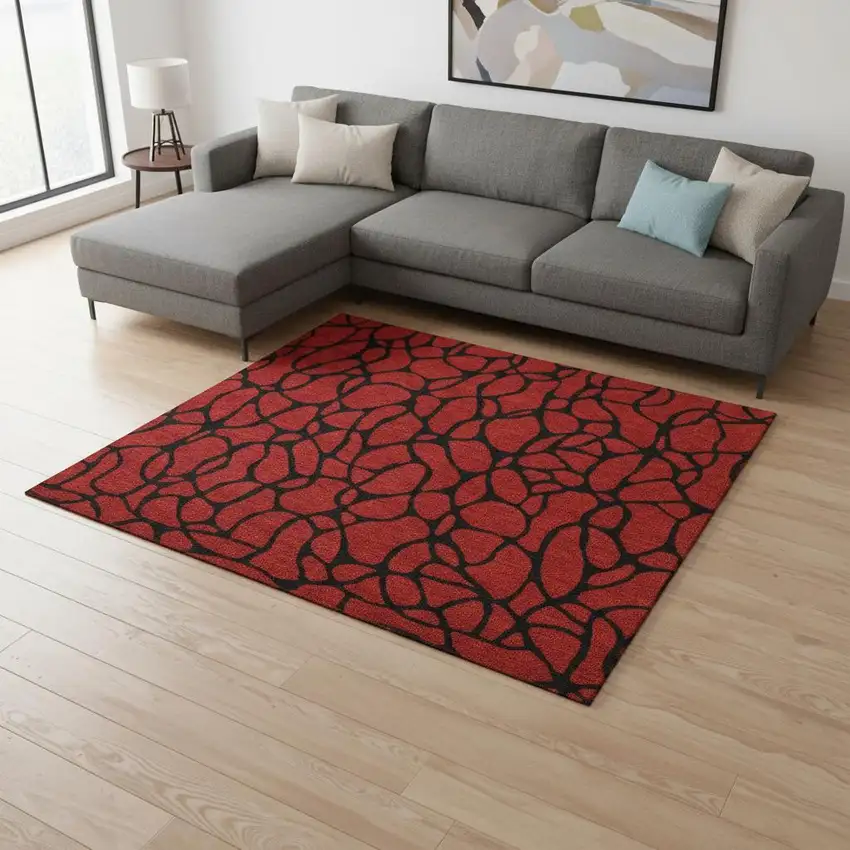 Red And Black Geometric Washable Area Rug With UV Protection Photo 2