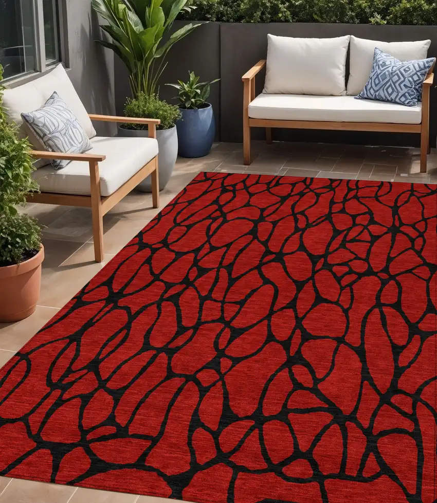 Red And Black Geometric Washable Indoor Outdoor Area Rug Photo 1