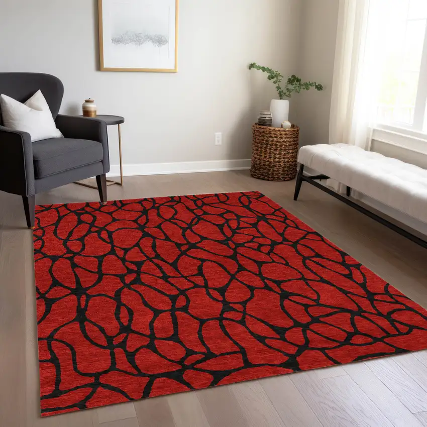 Red And Black Geometric Washable Indoor Outdoor Area Rug Photo 9