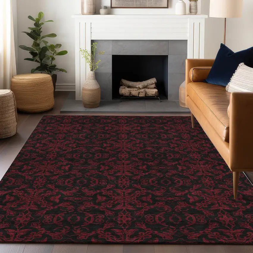 Red And Black Medallion Washable Area Rug With UV Protection Photo 6