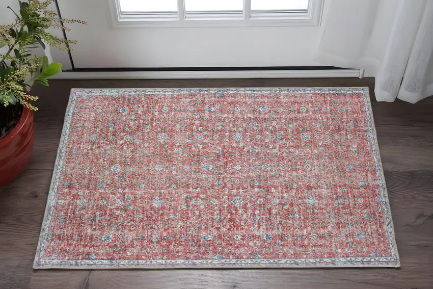 Red And Blue Oriental Distressed Area Rug Photo 1