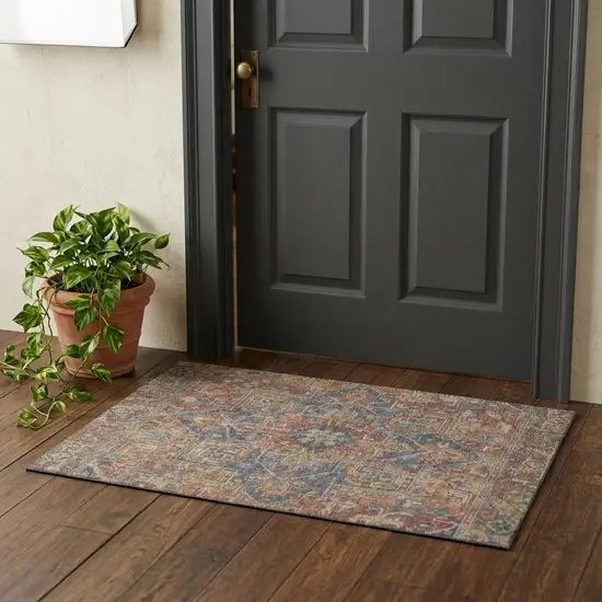 Red And Blue Medallion Distressed Washable Area Rug With UV Protection Photo 1