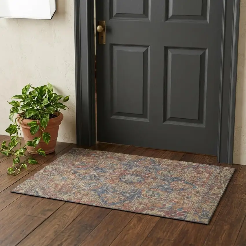 Red And Blue Medallion Distressed Washable Area Rug With UV Protection Photo 1