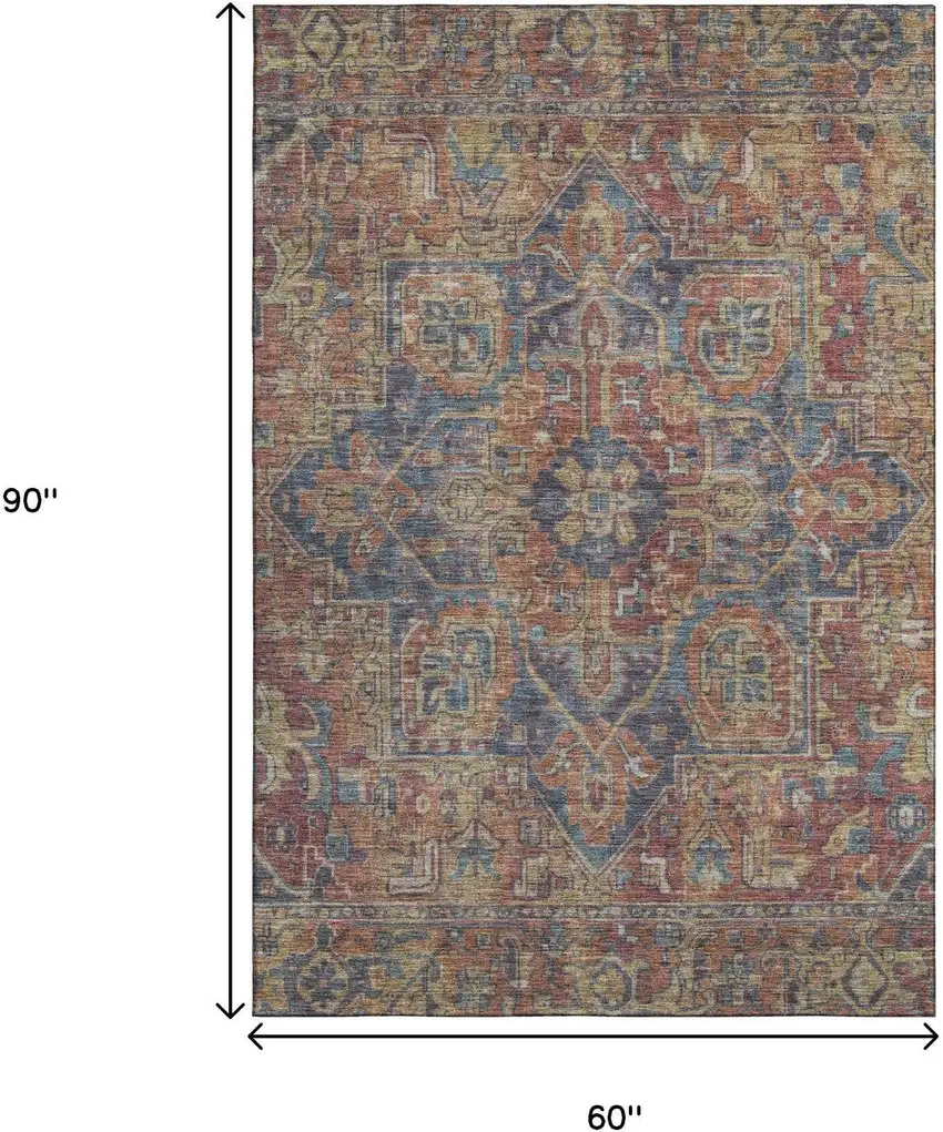 Red And Blue Medallion Distressed Washable Area Rug With UV Protection Photo 8