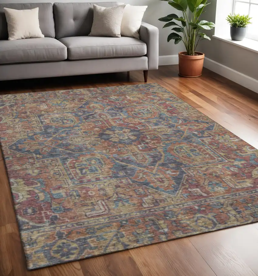 Red And Blue Oriental Washable Area Rug With UV Protection Photo 2