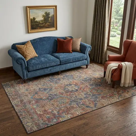 Red And Blue Medallion Distressed Washable Area Rug With UV Protection Photo 1