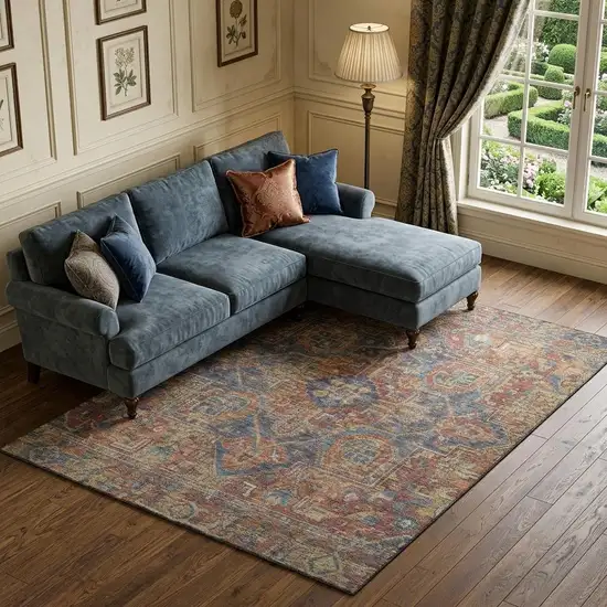 Red And Blue Medallion Distressed Washable Area Rug With UV Protection Photo 1