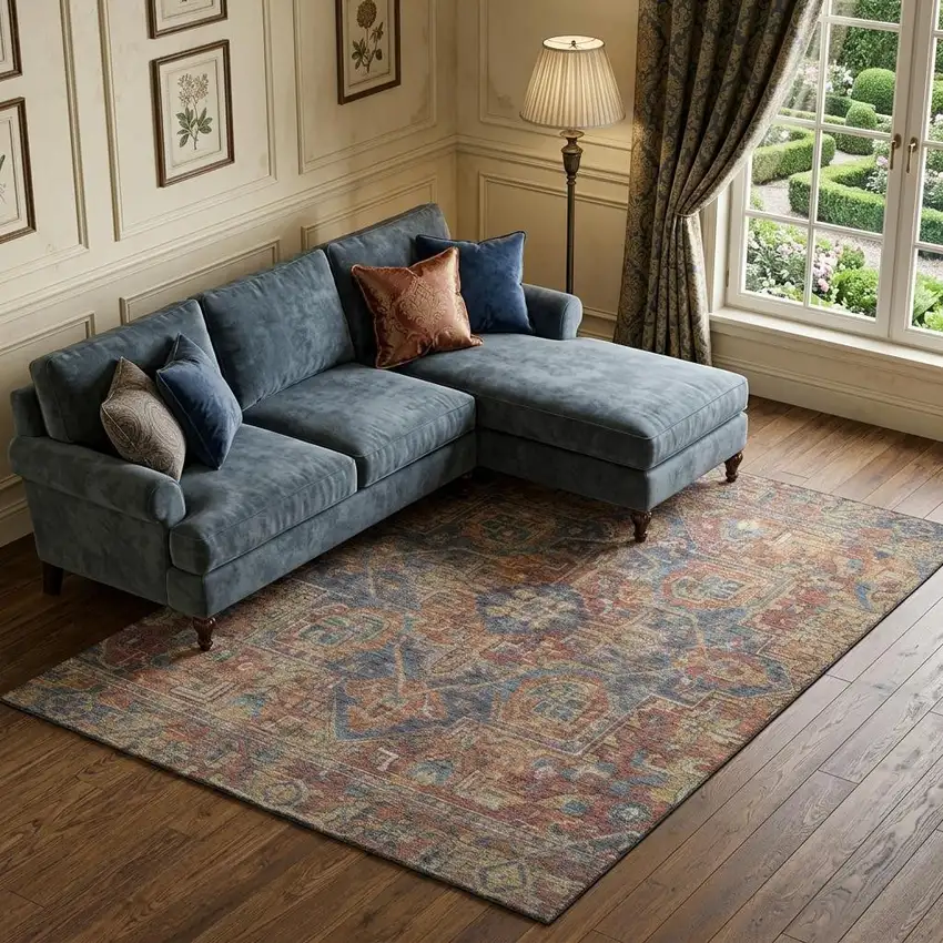 Red And Blue Medallion Distressed Washable Area Rug With UV Protection Photo 1