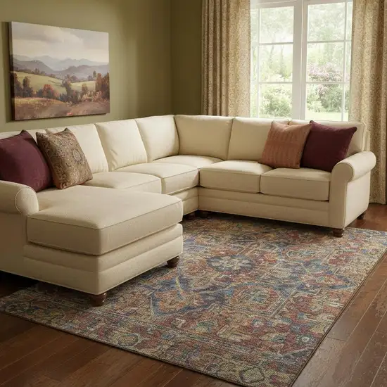 Red And Blue Oriental Washable Area Rug With UV Protection Photo 1