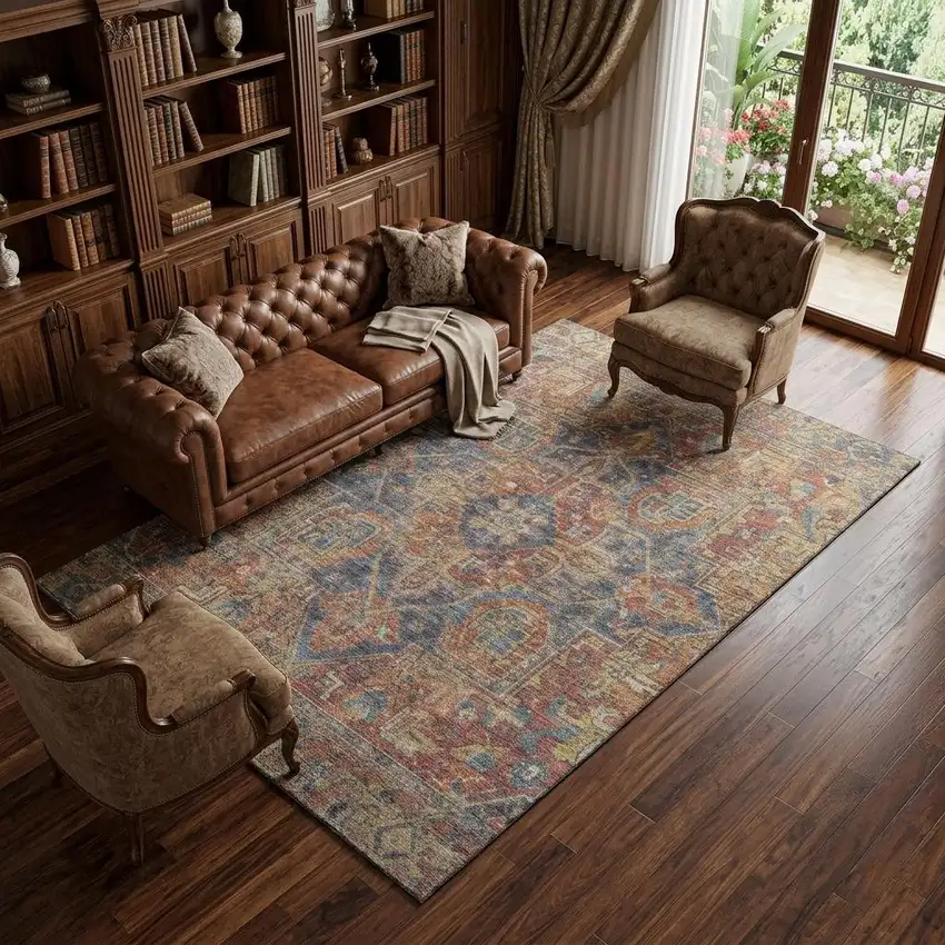 Red And Blue Medallion Distressed Washable Area Rug With UV Protection Photo 1