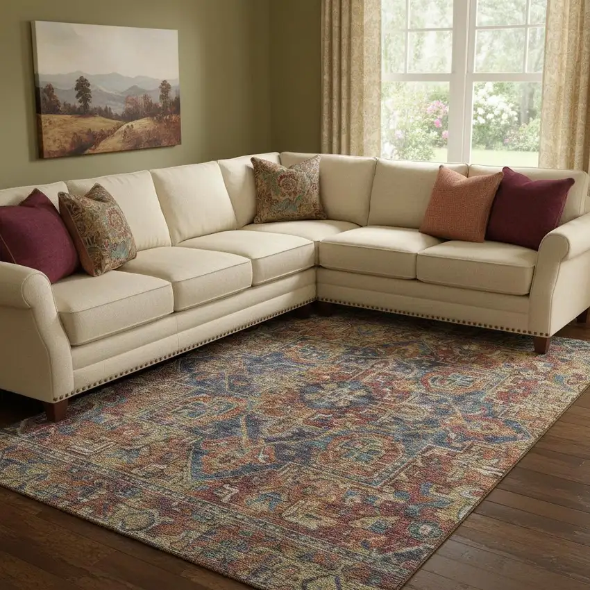 Red And Blue Oriental Washable Area Rug With UV Protection Photo 1