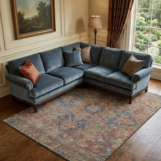 Red And Blue Medallion Distressed Washable Area Rug With UV Protection Photo 1