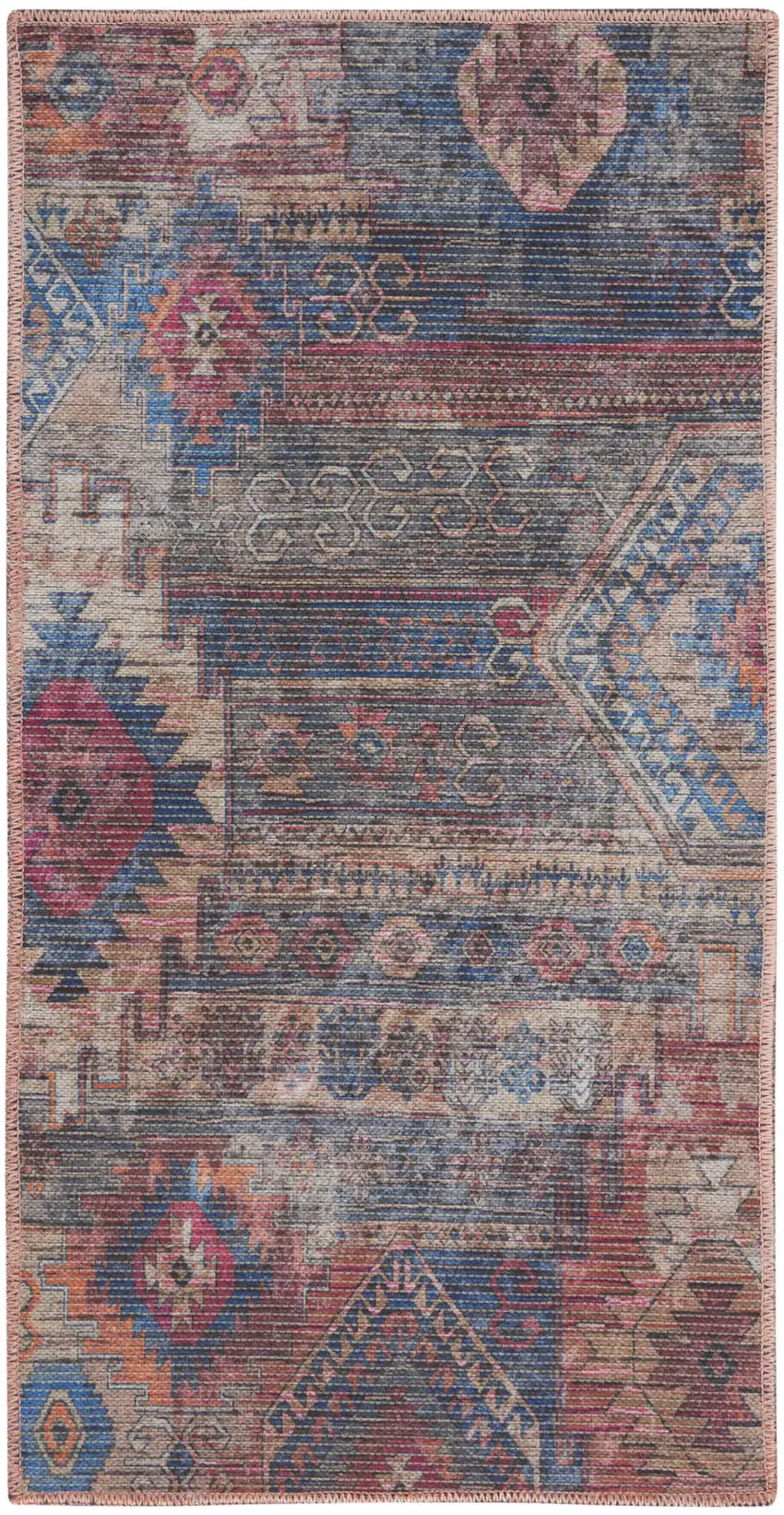 Red And Blue Southwestern Power Loom Distressed Washable Area Rug Photo 1