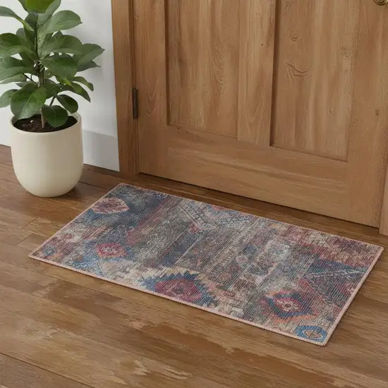 Red And Blue Southwestern Power Loom Distressed Washable Area Rug Photo 1