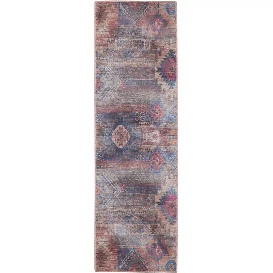 2' X 6' Red And Blue Southwestern Power Loom Distressed Washable Runner Rug Photo 4