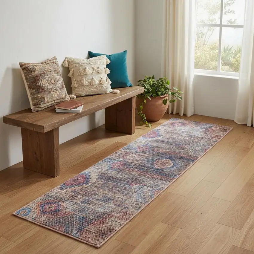 2' X 6' Red And Blue Southwestern Power Loom Distressed Washable Runner Rug Photo 1