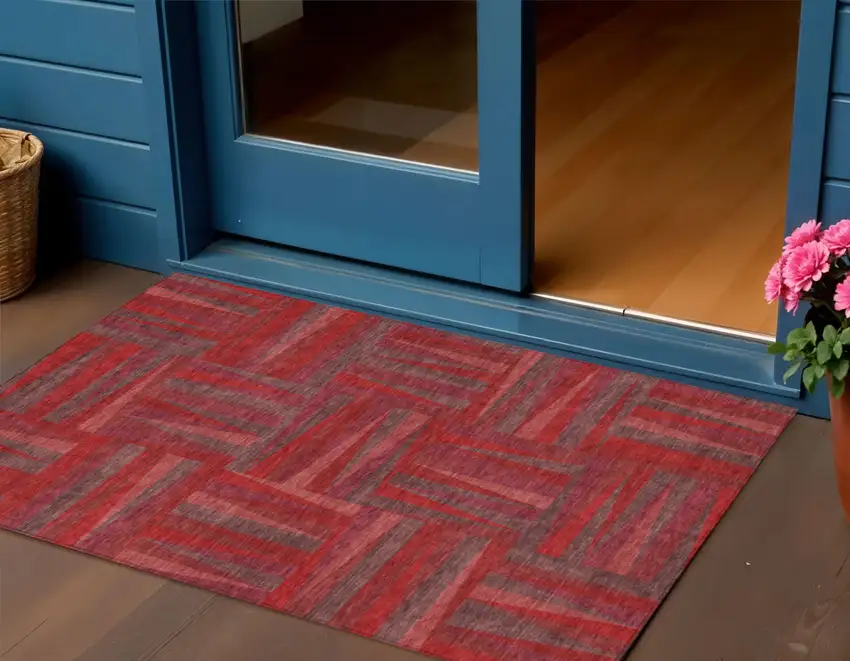 Red And Brown Geometric Washable Indoor Outdoor Area Rug Photo 1