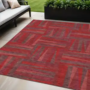 Photo of Red And Brown Geometric Washable Indoor Outdoor Area Rug