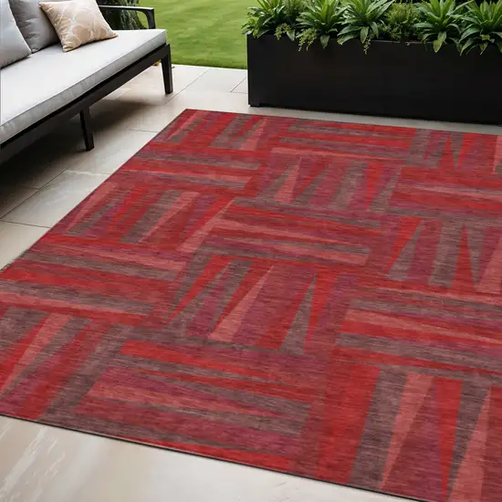 Red And Brown Geometric Washable Indoor Outdoor Area Rug Photo 1
