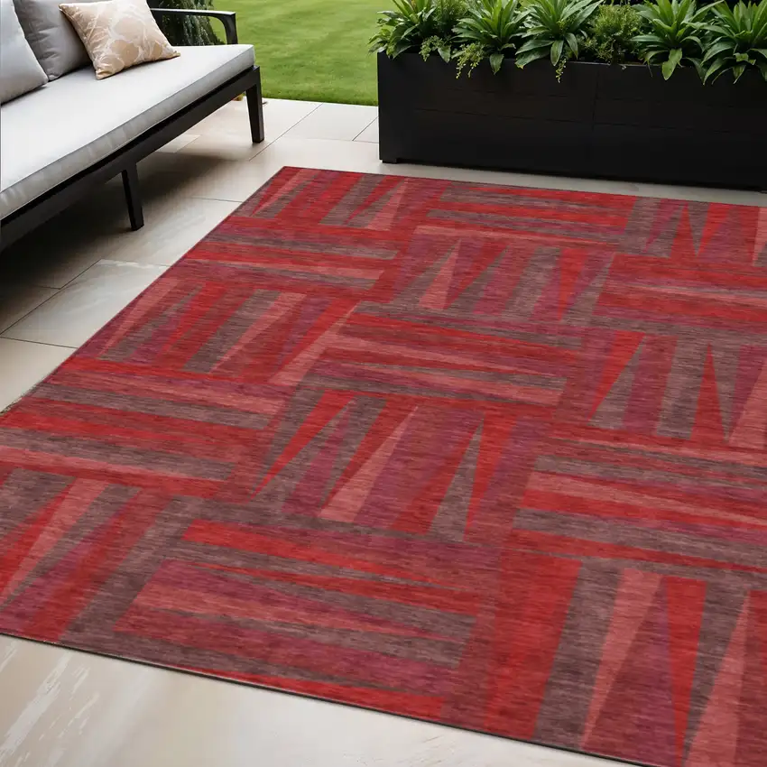 Red And Brown Geometric Washable Indoor Outdoor Area Rug Photo 1